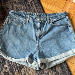 ‘Happy’ embroidered jean shorts.